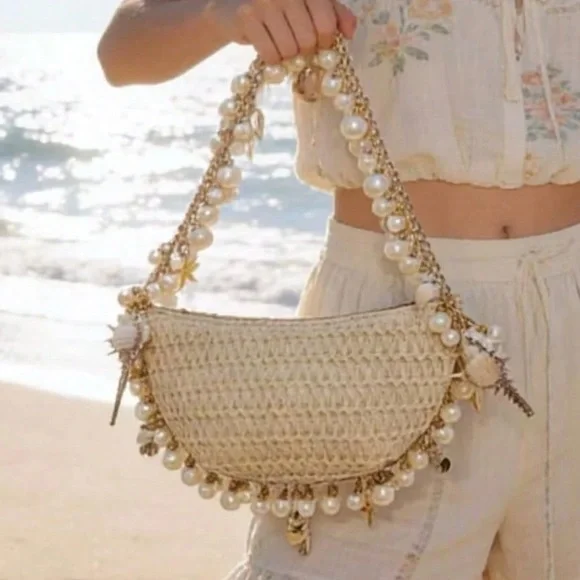 🆕 Straw Seashells and Pearls Shoulder Handbag - Picture 4 of 8